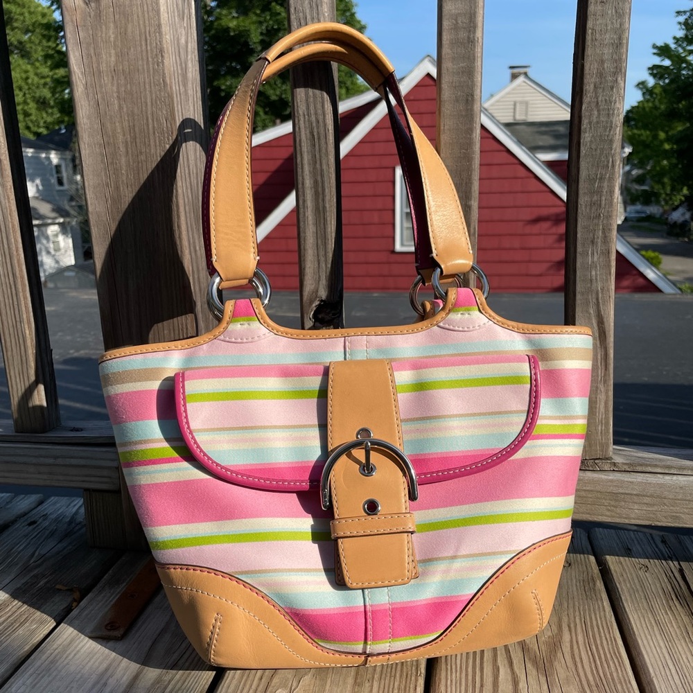 COACH Bucket Bag Purse Striped Pastel Pink w Brown